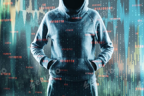 Preview: Unrecognizable Hacker With Hands In Pockets Standing On Abstract Blurry Background With Candlestick