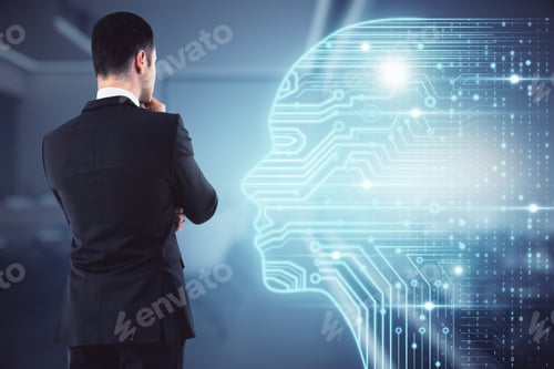 Preview: Artificial Intellingence And Machine Learning Concept With Pensive Businessman Back Looking At