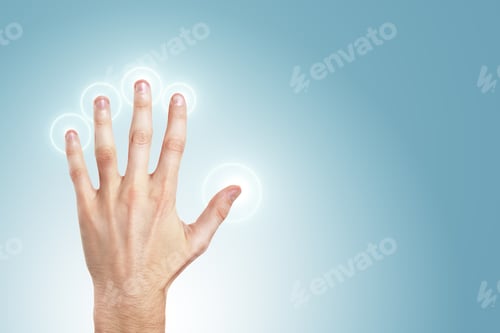 Preview: Hand Using Glowing Screen On Blue Background. Innovation And Technology Concept