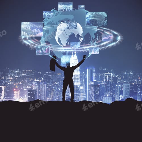 Preview: Digital World Concept With Businessman Silhouette On Top Of Megapolis City Enjoys Virtual Signs Of