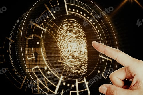 Preview: Hand With Creative Amber Finger Print Scan Interface. Scanning And Id Concept