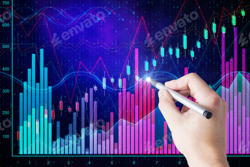 Preview: Hand Using Glowing Forex Screen On Dark Background With Candlestick Chart. Finance And Stats Concept