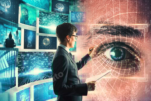 Preview: Attractive European Businessman Using Abstract Eye Face Recognition System On Blue Background