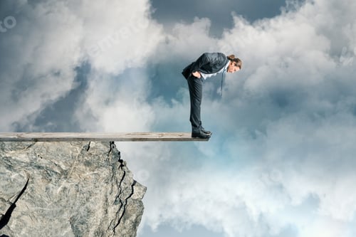 Preview: Businessman Looking Down From Mountain Top On Sky Background. Success And Challenge Concept