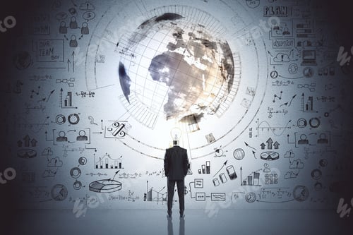 Preview: Back View Of Businessman With Lamp Head Looking At Creative Business Sketch And Globe Hologram On