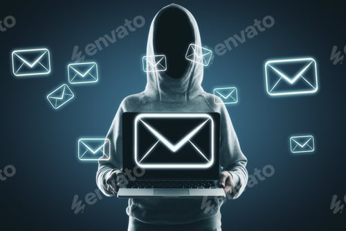 Preview: Hacker Holding Laptop With Digital Emails On Blue Background. Email And Hacking Concept