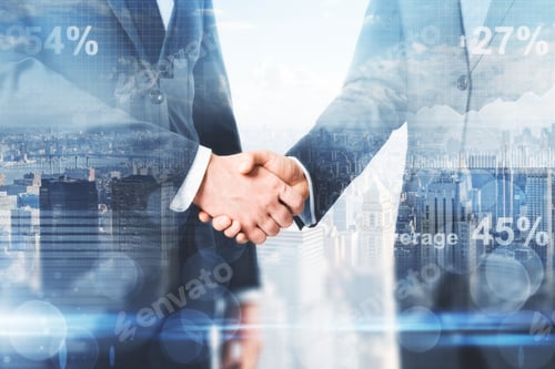 Preview: Handshake On Abstract City Background With Sunlight. Teamwork, Success And Contract Concept. Double