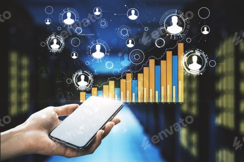Preview: Close Up Of Hand Holding Smartphone With Ccreative Social Network Graph Hologram On Blurry Server