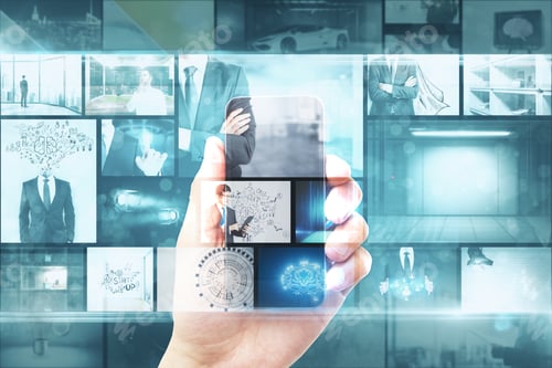 Preview: Creative Digital Photo Gallery Background. Businessman Hand Holding Smartphone With Hologram