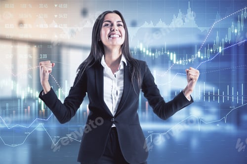 Preview: Joyful Businesswoman In Black Suit On Digital Display Background With Financial Trade Chart, Stock
