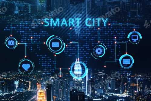 Preview: Abstract Glowing Smart City Background With Digital Hologram And Dark Night Sky. Ai And Technology