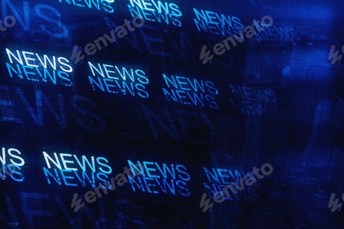 Preview: Abstract News Text Lines On Blue City Background. Informational Program Concept. Double Exposure