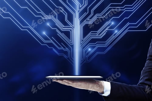 Preview: Close Up Of Hand Holding Cellphone With Abstract Digital Circuit Tree On Blurry Blue Background