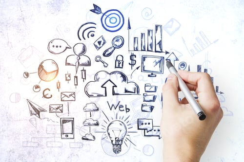 Preview: Businessman Hand Drawing Business Sketch On Concrete Wall. Success And Startup Concept.