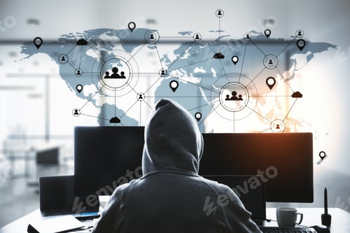 Preview: Hacker Using Computer With Remote Work Interface On Blue World Map. Remote Access Chain