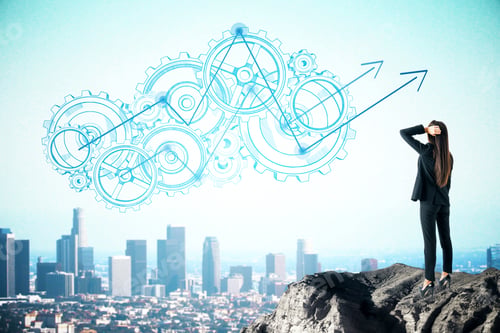 Preview: Businesswoman On Cliff Looking At Creative Cogwheel Sketch. Blurry City Background. Teamwork And