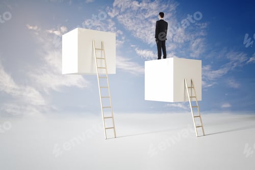 Preview: Back View Of Young Businessman Standing On Abstract Cubes With Ladder On Bright Blue Sky