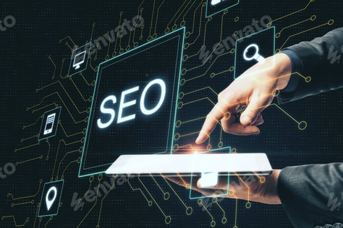 Preview: Hand Using Digital Tablet And Creative Digital Seo Interface. Search Engine Optimization Concept