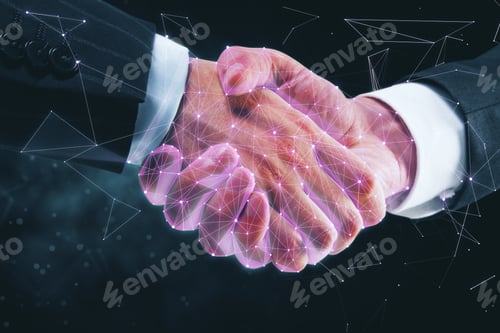 Preview: Creative Polygonal Businessmen Handshake On Blurry Dark Background. Communication And Teamwork