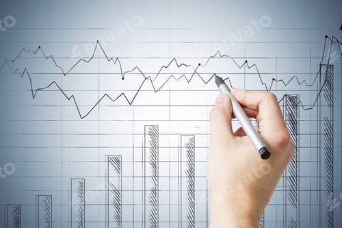 Preview: Businessman Hand With Pen Drawing Glowing Stock Chart On Screen. Trade And Analysis Concept. Close