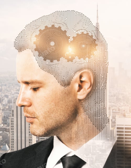 Preview: Businessman With Abstract Mesh Head And Cogwheels On City Background. Learning Concept. Double