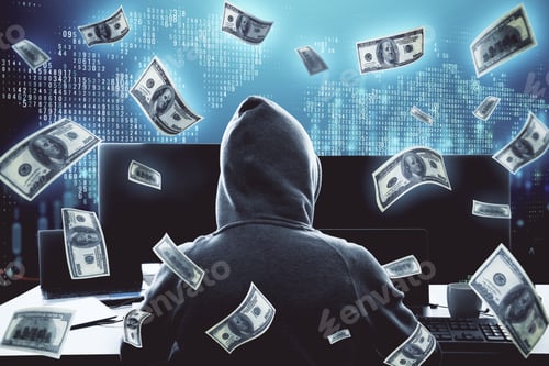 Preview: Hacker Using Computer And Falling Dollar Bills. Hacking And Financial Success Concept