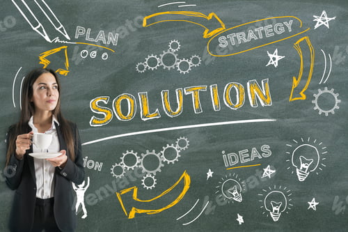 Preview: Solution, Finance And Marketing Concept. Businesswoman Drawing Creative Business Sketch On