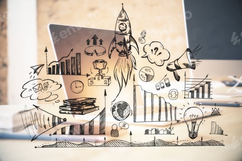 Preview: Business Workplace With Computer And Start Up Diagram With Flying Rocket. Success And Start Up