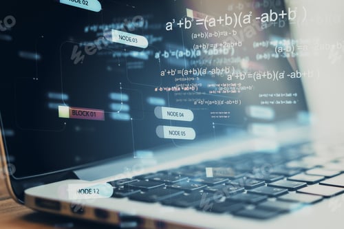 Preview: Desktop Using Laptop With Forex Chart And Mathematical Formulas. Trade, Big Data And Economy