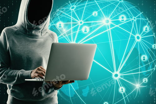 Preview: Hacker Using Laptop With Glowing Map Interface And Connections On Blue Background. Communication