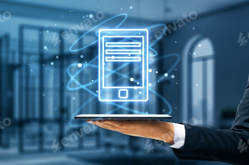 Preview: Hand Holding Glowing Cellphone Icon Hologram On Blurry Office Interior Background. Smart Technology