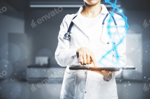 Preview: Female Doctor Holding Tablet With Abstract Dna Hologram On Blurry Interior And City Background