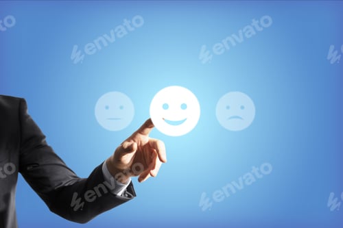 Preview: Businessman Hand Touches The Good Emoticon, Blue Background, Feedback Concept