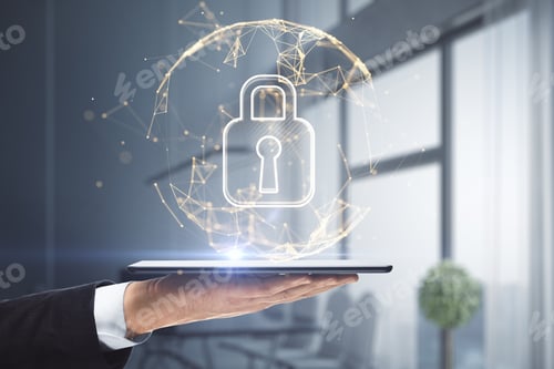 Preview: Global Digital Security Concept With Glowing Lock Symbol In Round Technological Sphere Projected