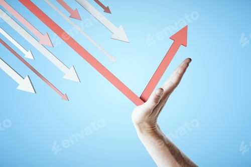 Preview: Hand Holds A Red Arrow On Blue Background. Business And Challenge Concept.