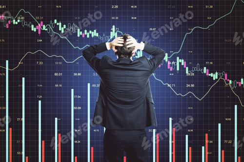 Preview: Scared Businessman Looking On Glowing Stock Analytics On Virtual Screen. Global Business And