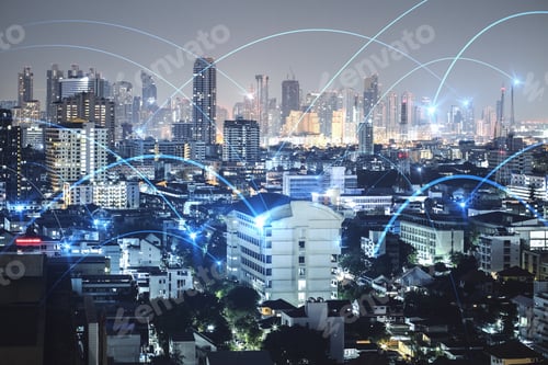Preview: Abstract Night City Backdrop With Digital Connections. Internet And Technology Concept. Double