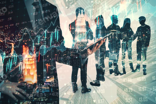 Preview: Businessman Using Tablet With Abstract Crowd Silhouettes On City Background With Bid Data. Success
