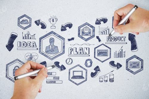 Preview: Hands Drawing Creative Business Sketch On Concrete Wall Background. Success And Marketing Concept