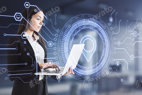 Preview: Attractive Young European Businesswoman Using Laptop With Creative Glowing Map Pin Icon On Blurry