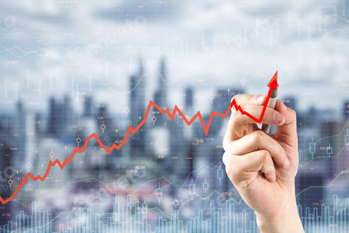 Preview: Hand Drawing Upward Red Arrow On Blurry City Background. Increase, Growth And Stats Concept. Double