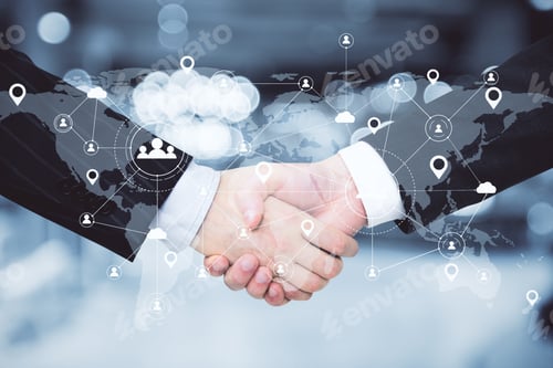 Preview: Handshake With Global Social Network Interface With World Map. Business And Teamwork Concept