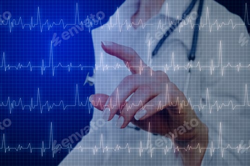 Preview: Doctor Hand Using Creative Glowing Heartbeat Hologram On Blue Background. Medicine And Cardiology