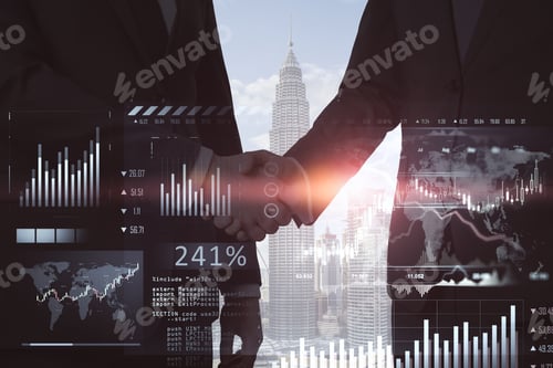 Preview: Side View Of Businesspeople Shaking Hands On Abstract Blurry City Background With Glowing Forex