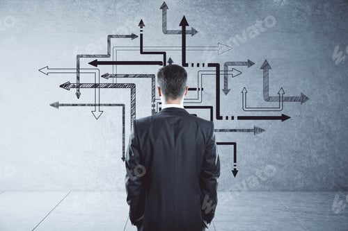 Preview: Businessman Looking On Group Arrows Drawing On Concrete Wall. Leadership And Way Concept