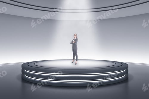 Preview: Thoughtful Young Businesswoman Standing In Abstract Light Round Pedestal Interior With Spotlight