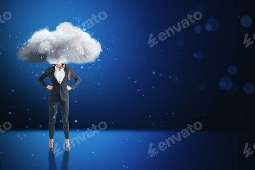 Preview: Cloud Headed Business Woman In Suit Standing On Abstract Blue Bokeh Interior Background With Mock