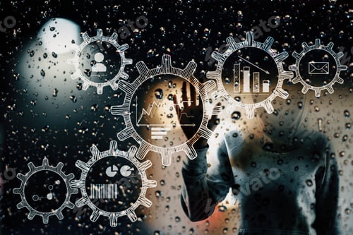 Preview: Abstract Rainy Background With Cogwheels And Hacker. Malware And Engineering Concept. Double
