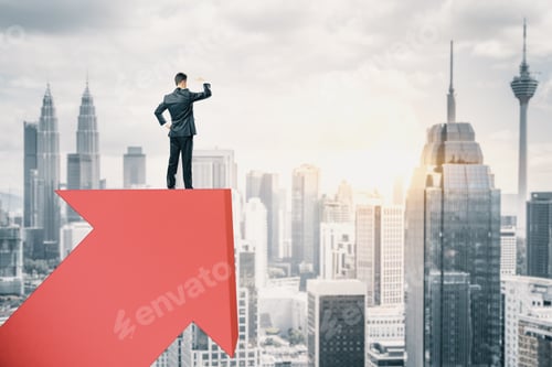 Preview: Businessman Standing On Red Arrow And Look Into The Distance On City Background. Finance And Vision