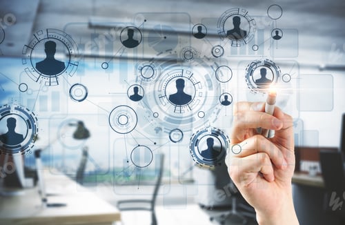 Preview: Hand With Digital Business Interface On Blurry Office Interior. Innovation And Hologram Concept